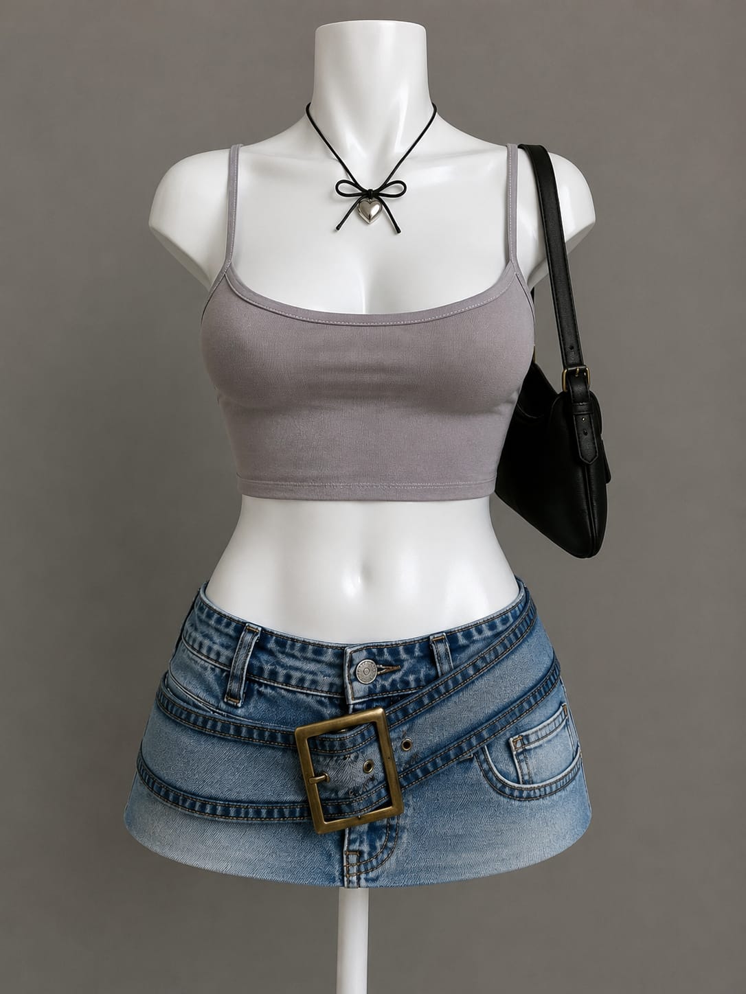 Grey Ribbed Spaghetti Strap Crop Top