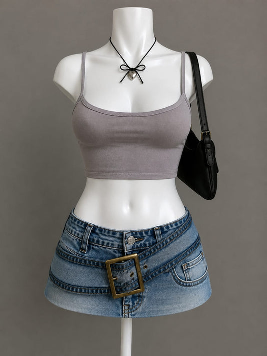 Grey Ribbed Spaghetti Strap Crop Top