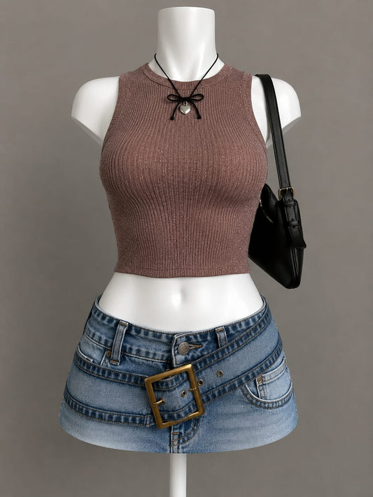 Mocha Gold Shimmer Ribbed Crop Top