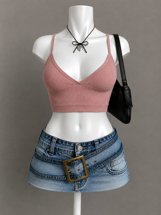 Dusty Pink Ribbed V-Neck Bralette Crop Top