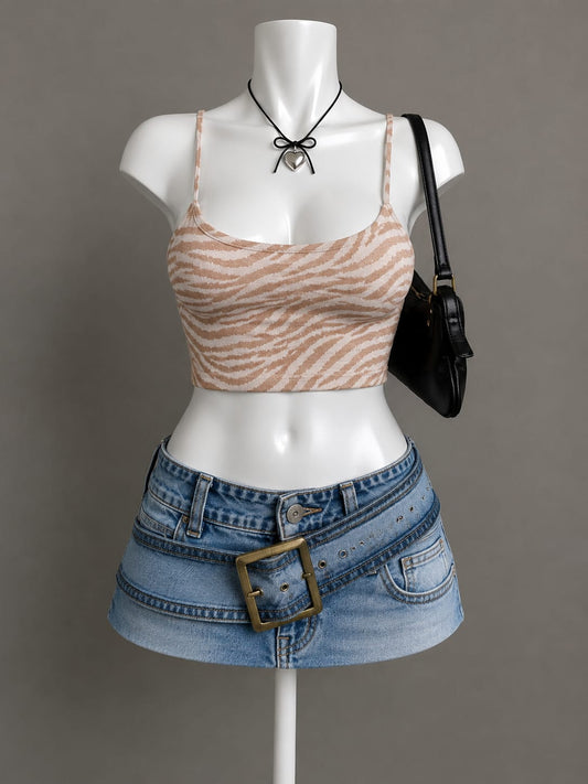 Beige Zebra Print Shimmer Spaghetti Strap Crop Top