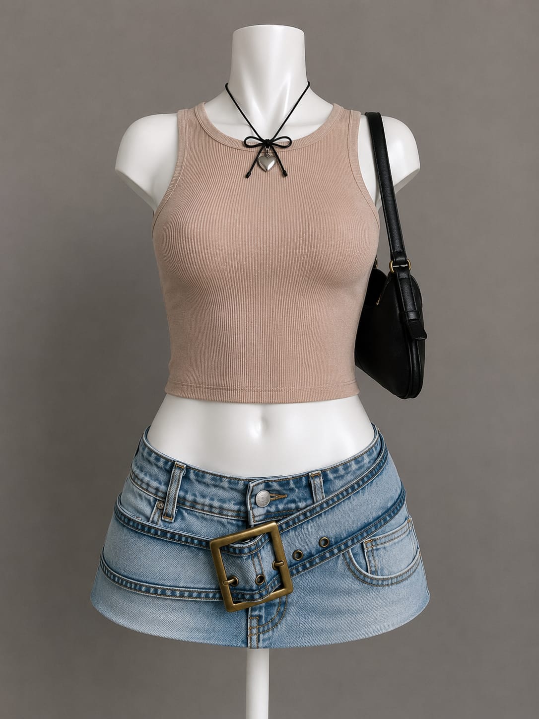Beige Ribbed Sleeveless Crop Top