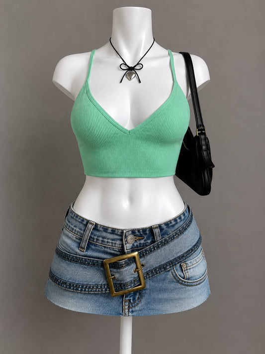 Mint Green Ribbed V-Neck Bralette Crop Top