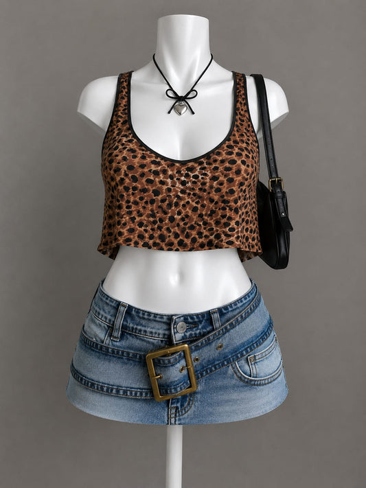 Brown Leopard Print Wide Strap Crop Top