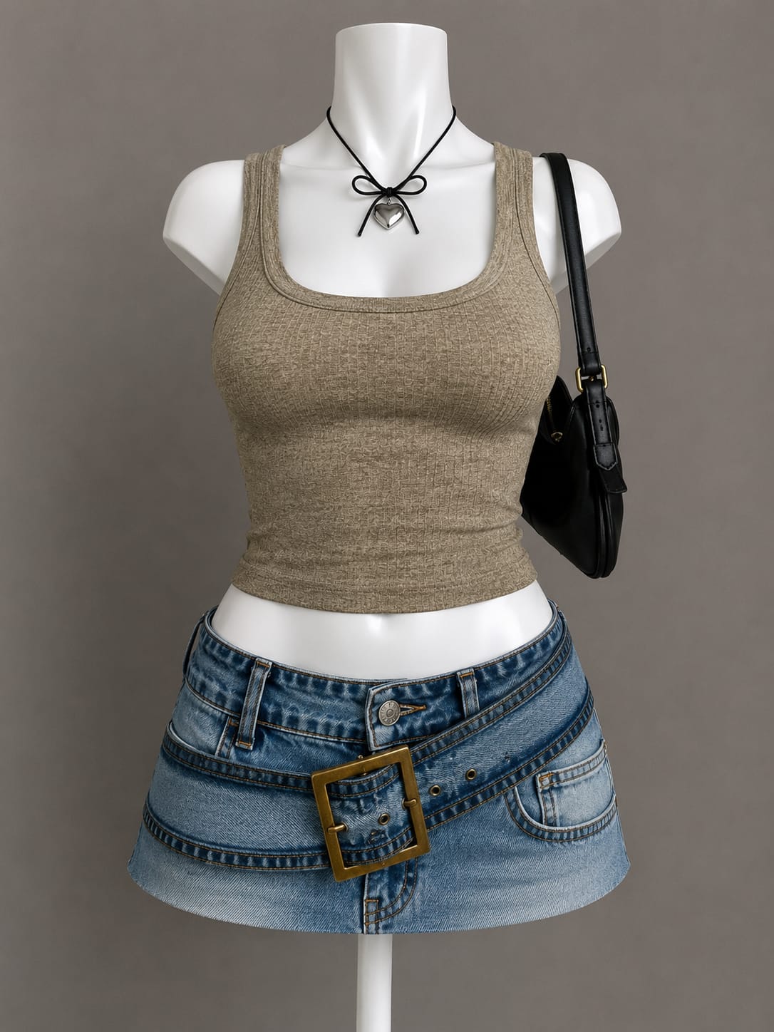 Khaki Textured Knit Wide Strap Crop Top