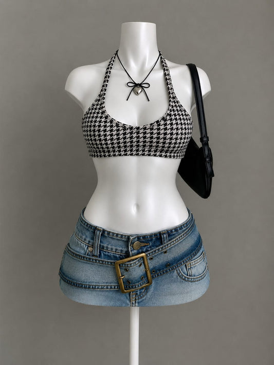 Black & White Houndstooth Halter Neck Crop Top