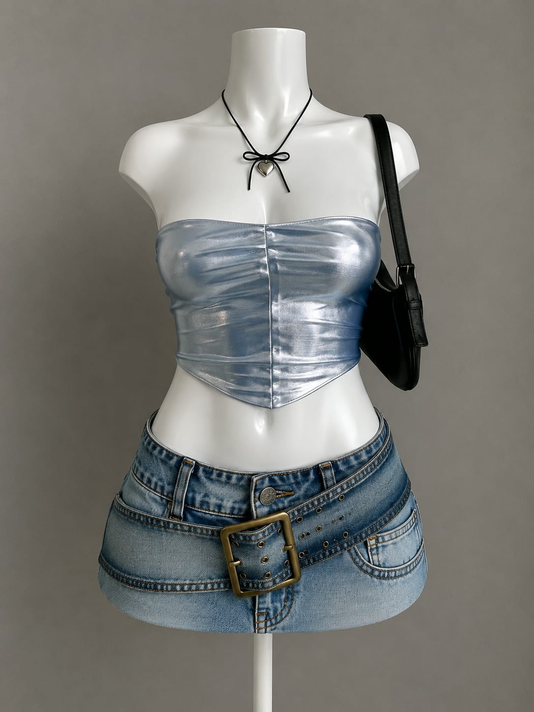 Silver Blue Metallic Ruched Bandeau Corset Crop Top