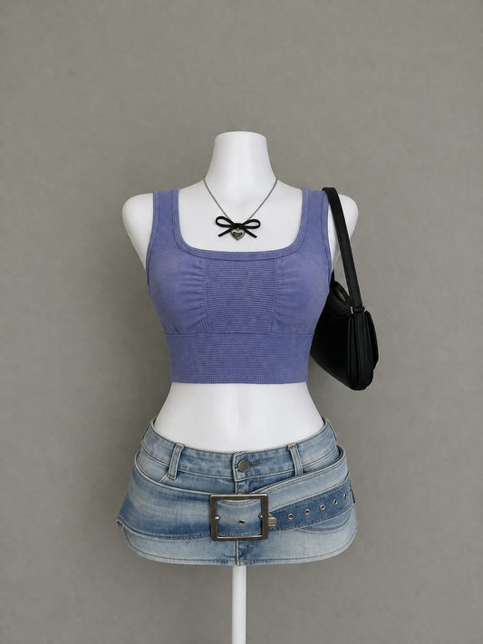 Blue Ribbed Square Neck Crop Top