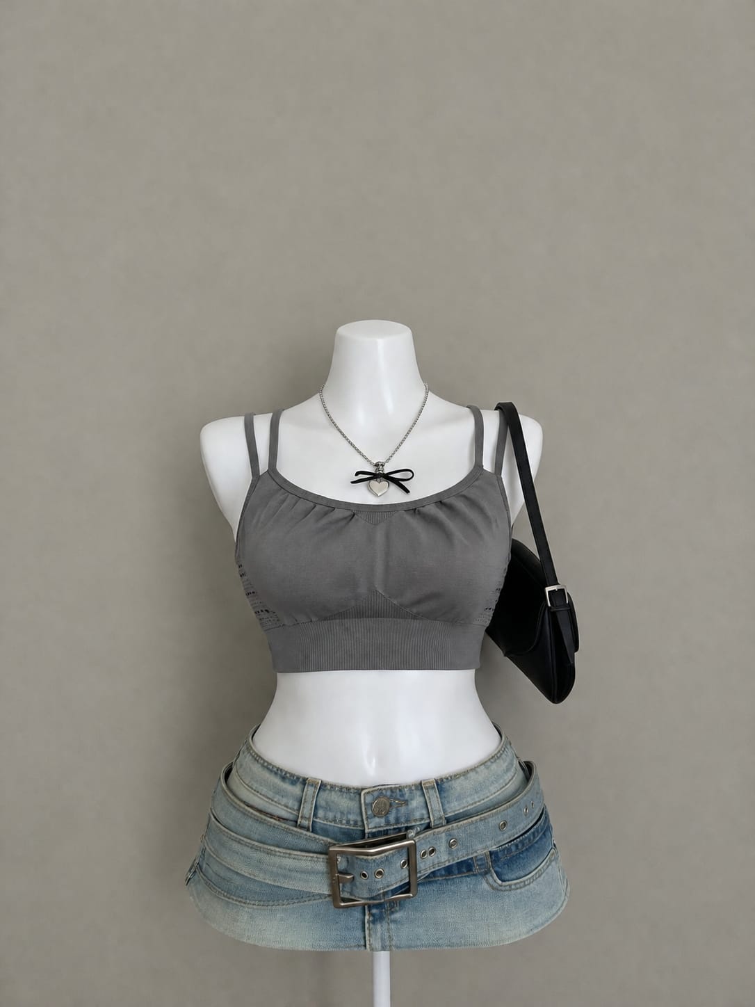 Grey Ruched Spaghetti Strap Crop Top