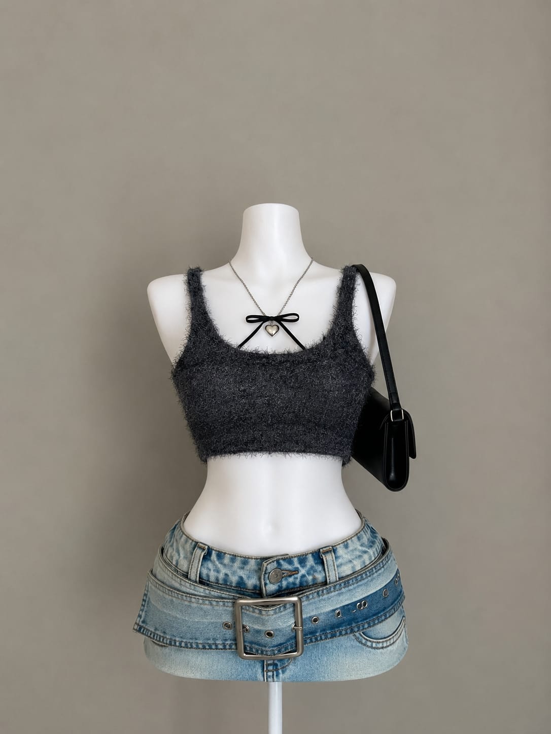 Black Fluffy Knit Crop Top