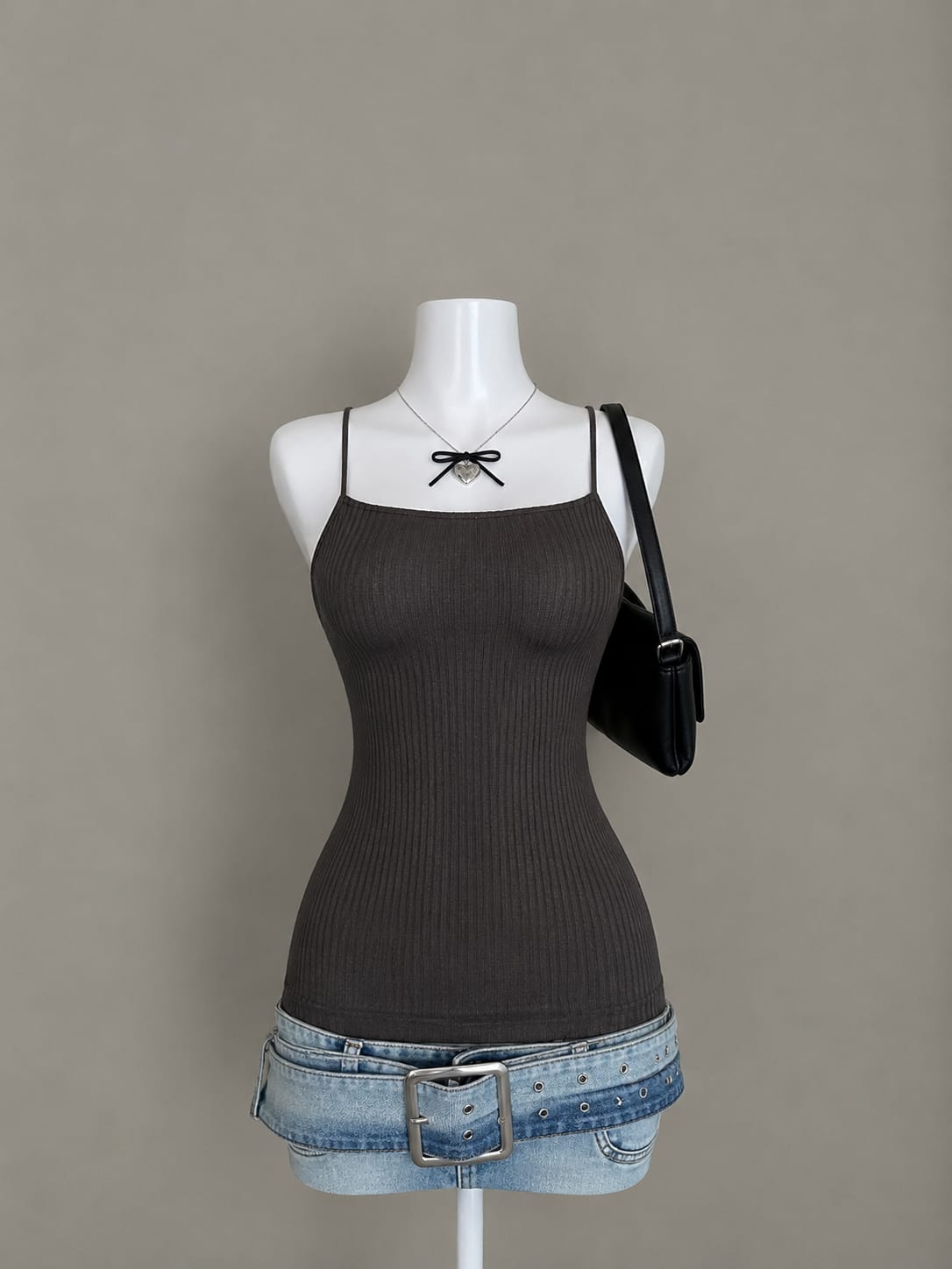 Dark Brown Ribbed Spaghetti Strap Tank Top