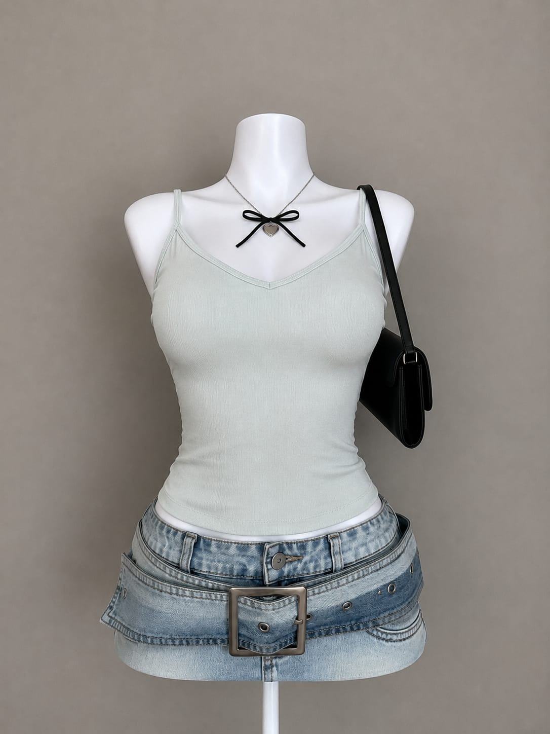 Mint Green Ribbed V-Neck Spaghetti Strap Tank Top