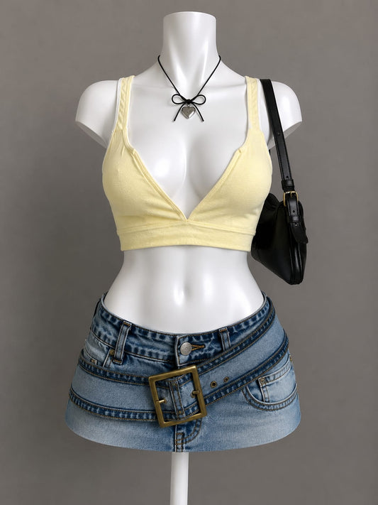 Pale Yellow Ribbed V-Neck Wrap Crop Bralette Top