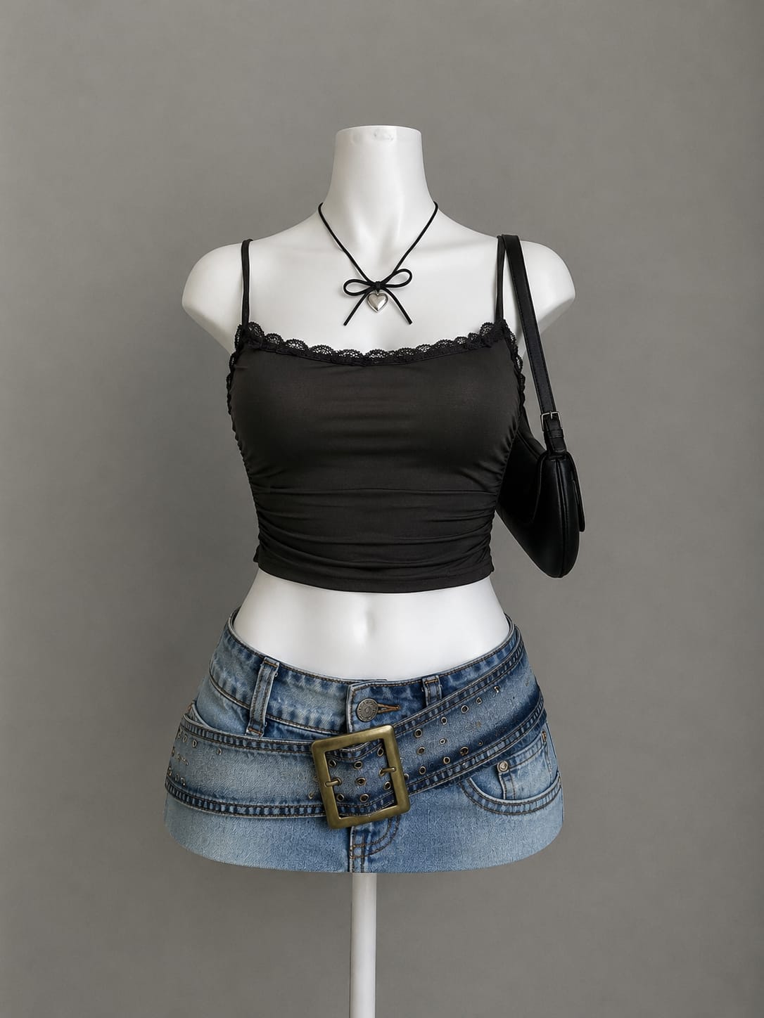 Black Ruched Lace Trim Cami Crop Top