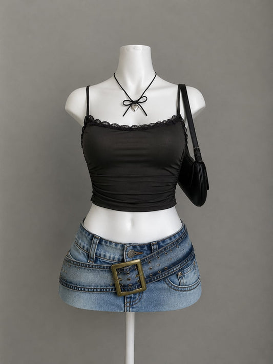 Black Ruched Lace Trim Cami Crop Top
