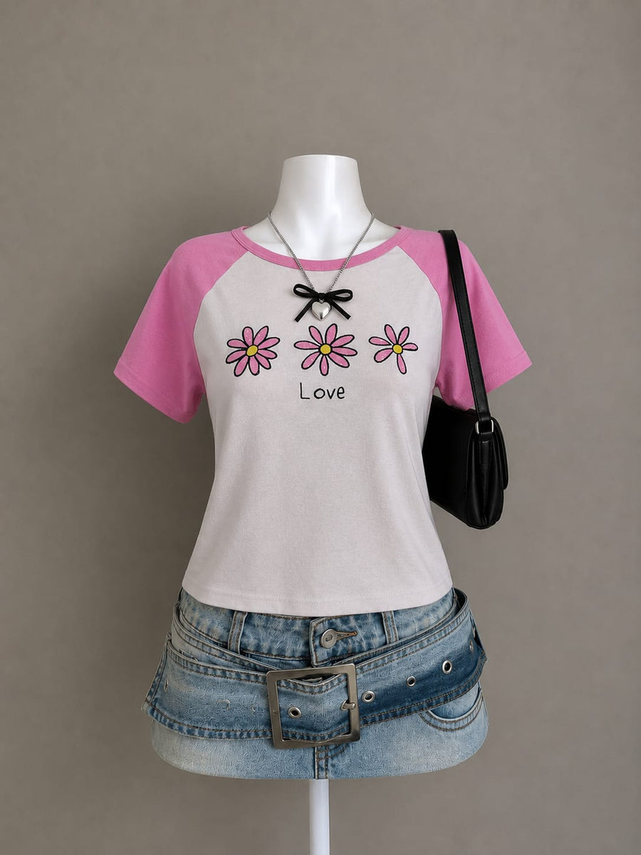 White & Pink Daisy Love Raglan Fitted T-Shirt