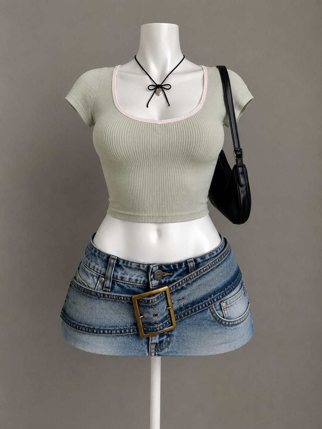 Sage Green Ribbed Contrast Trim Short Sleeve Crop Top