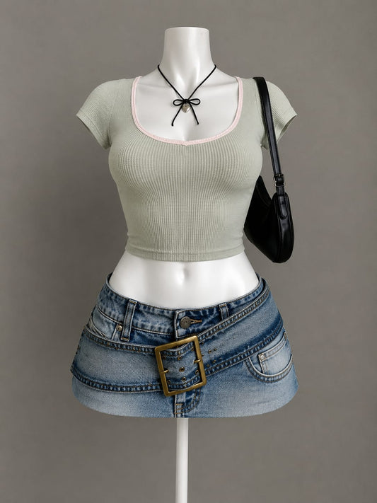 Sage Green Ribbed Contrast Trim Short Sleeve Crop Top