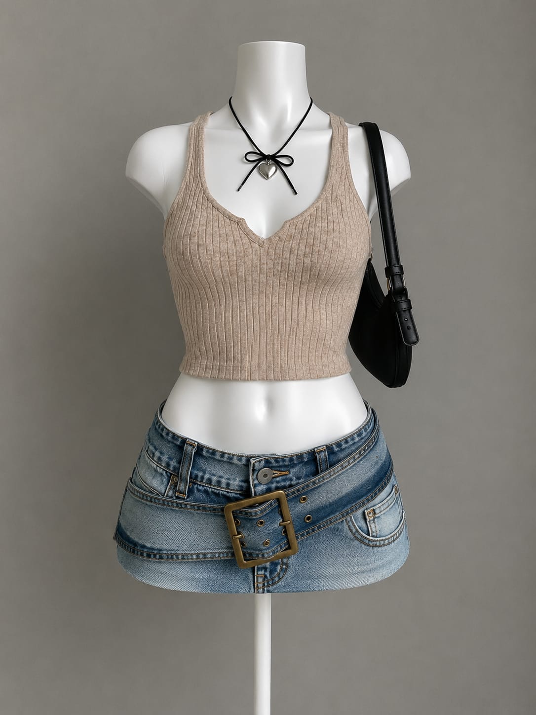 Beige Ribbed Shimmer V-Neck Lettuce Trim Crop Cami Top