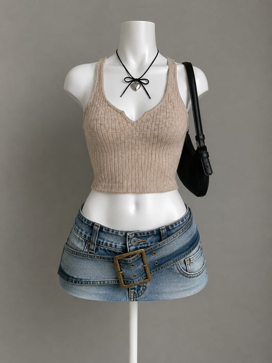 Beige Ribbed Shimmer V-Neck Lettuce Trim Crop Cami Top