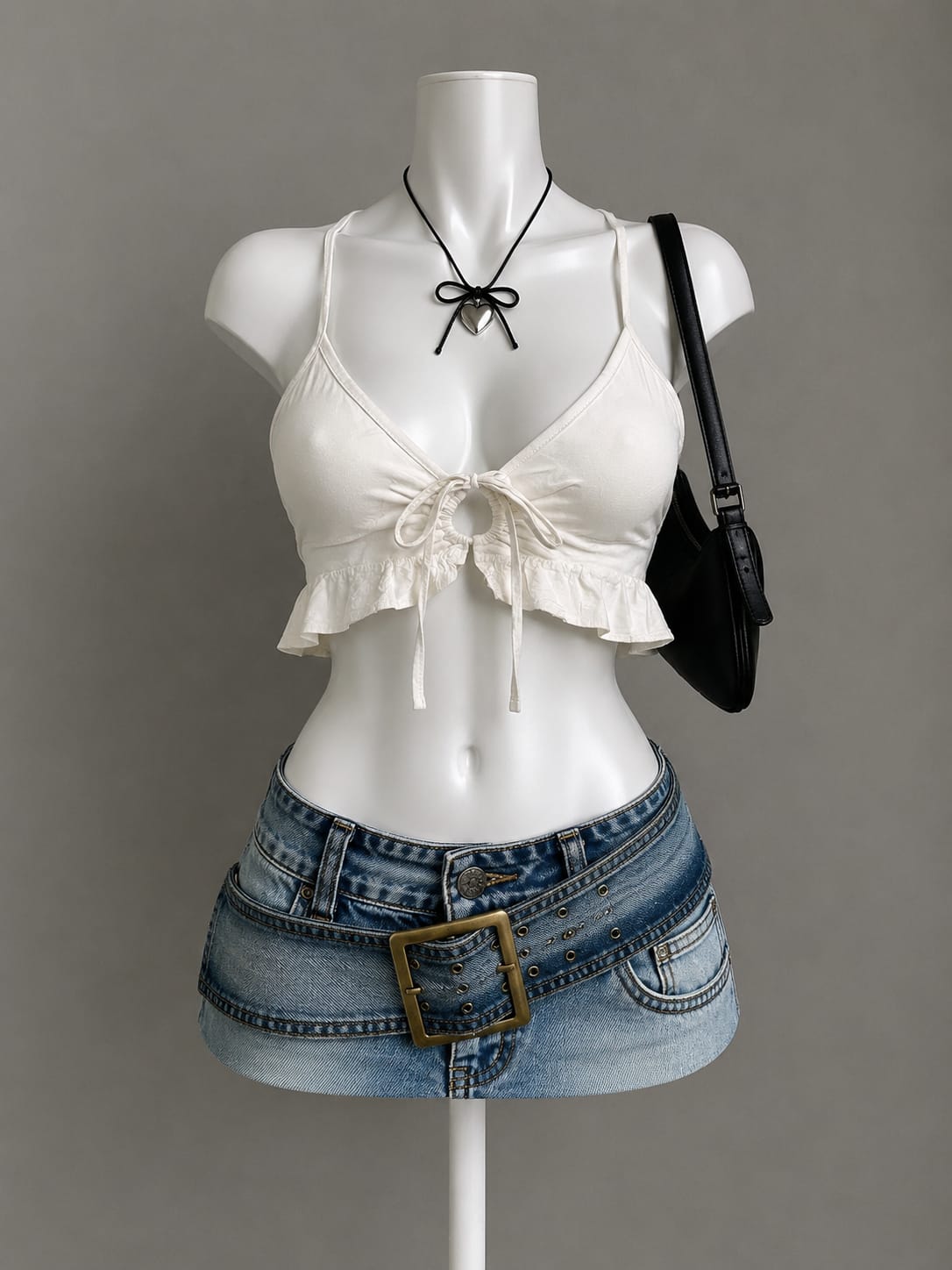 White Tie-Front Ruffle Hem Crop Top