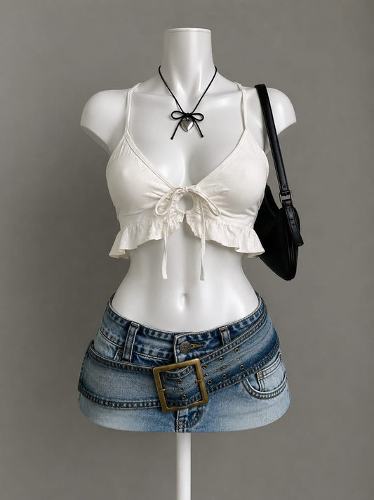 White Tie-Front Ruffle Hem Crop Top