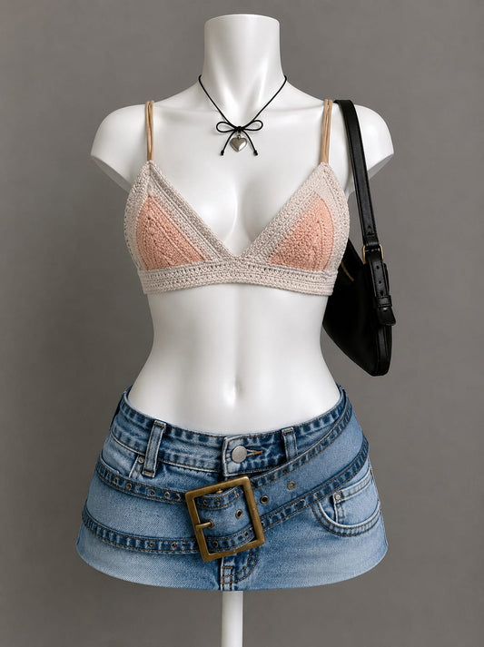 Peach Crochet Knit Triangle Bralette Top