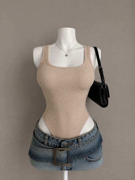 Beige ribbed square neck bodysuit with thick straps on mannequin