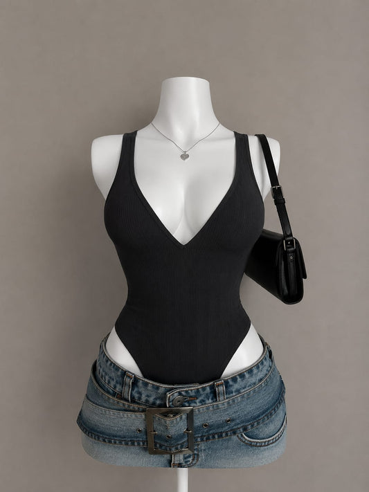 Black ribbed deep V-neck bodysuit with thick straps on mannequin