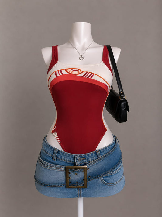 Red Colorblock Sleeveless Bodysuit Top