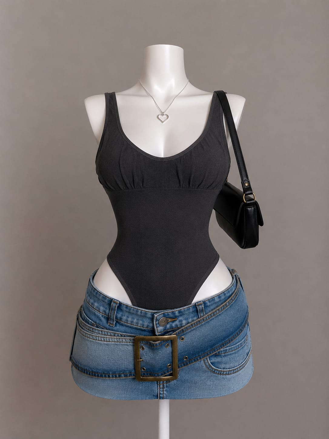Black Ribbed Ruched Bust Sleeveless Bodysuit Top - Front View