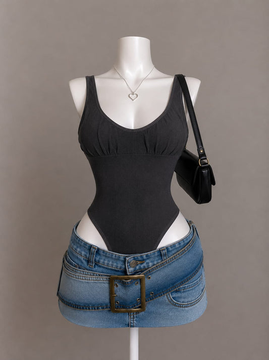 Black Ribbed Ruched Bust Sleeveless Bodysuit Top - Front View