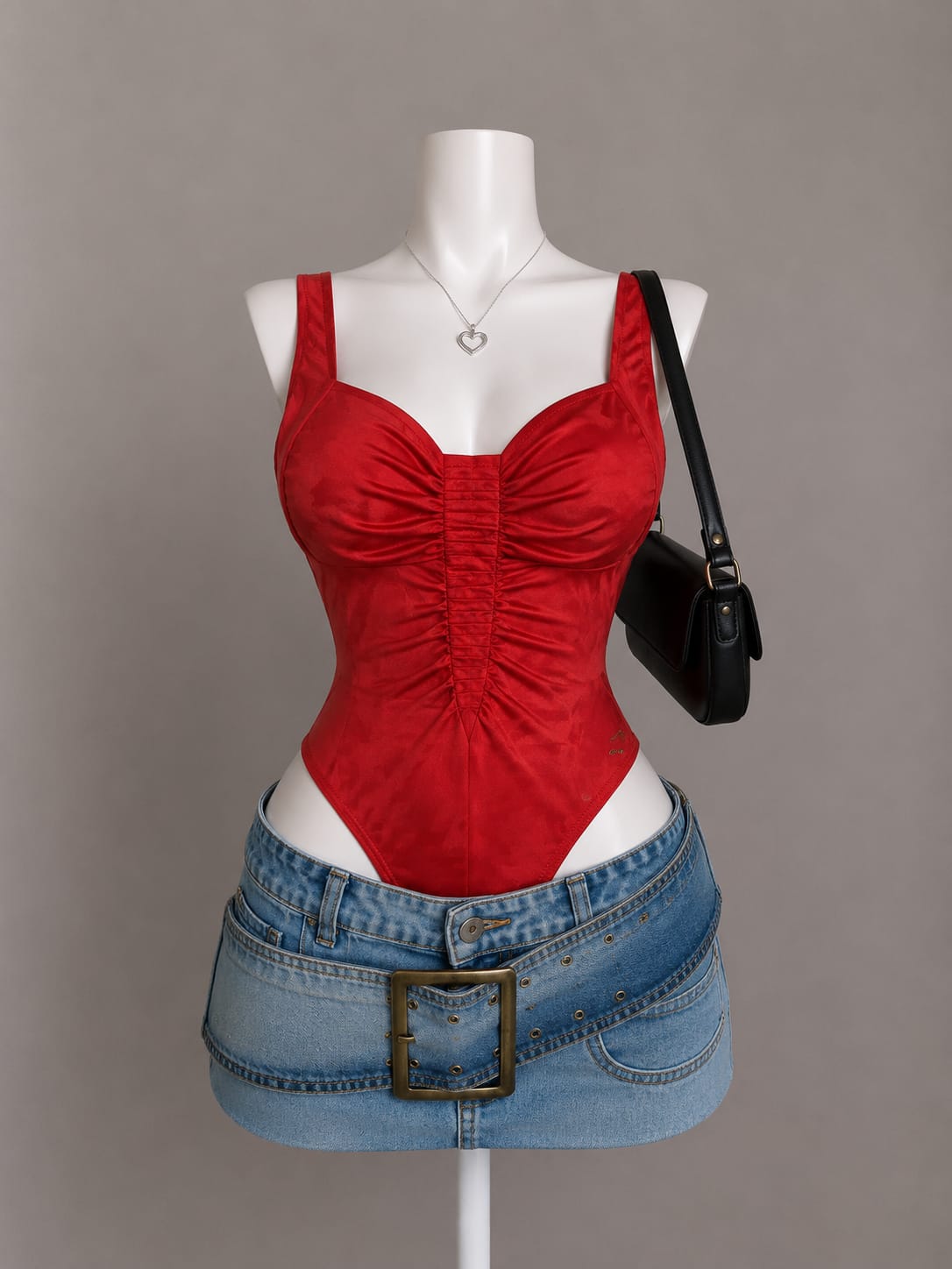 Red Ruched Front Sweetheart Neck Sleeveless Bodysuit - Front View