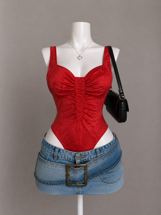 Red Ruched Front Sweetheart Neck Sleeveless Bodysuit - Front View