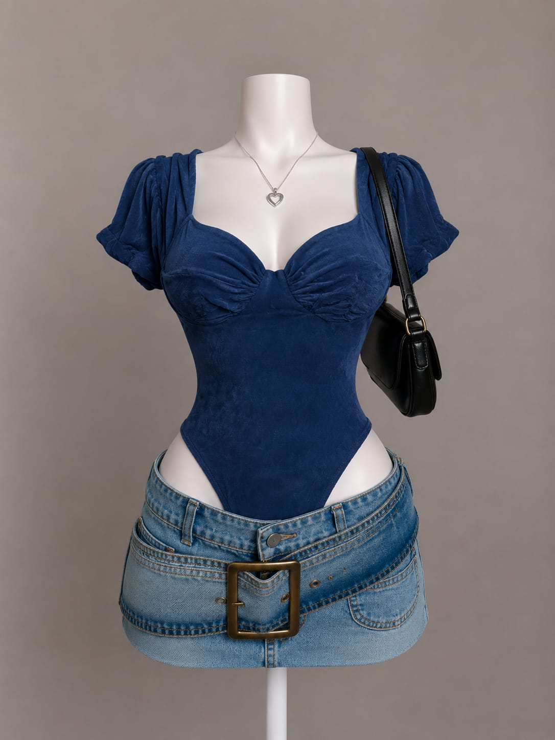 Navy Blue Puff Sleeve Sweetheart Neck Ruched Bodysuit - Front View