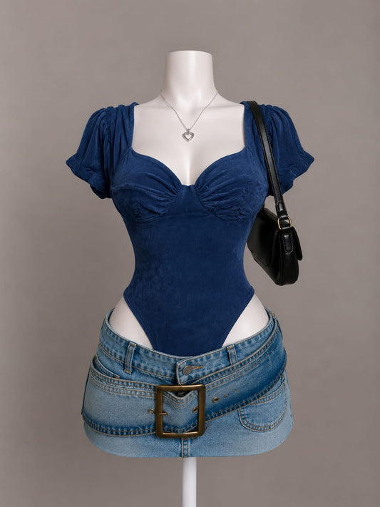 Navy Blue Puff Sleeve Sweetheart Neck Ruched Bodysuit - Front View
