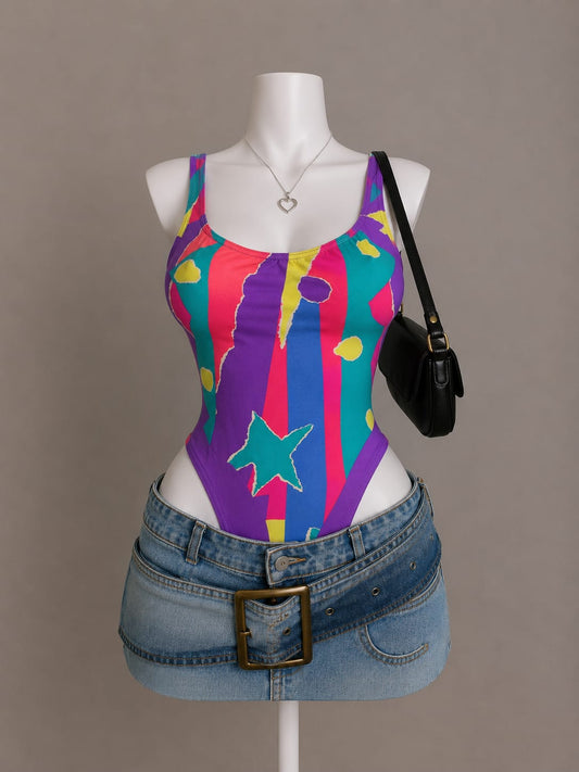 Multicolor Retro Abstract Print Sleeveless Scoop Neck Bodysuit - Front View