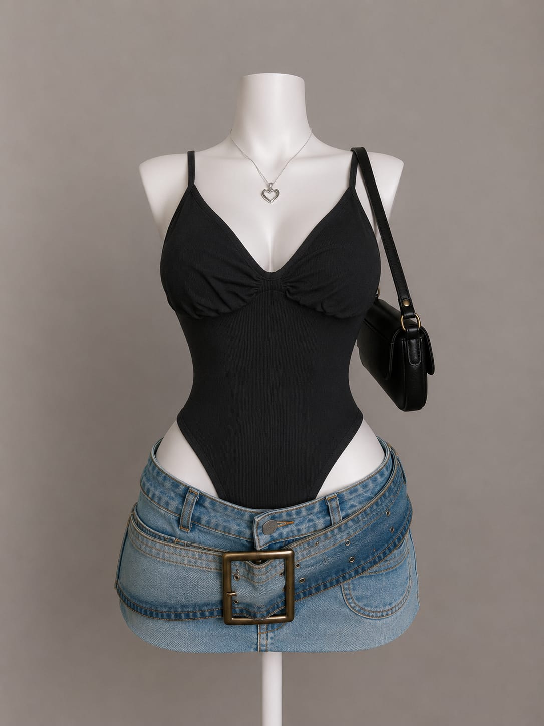 Black Ribbed Spaghetti Strap V-Neck Bow Detail Bodysuit - Front View