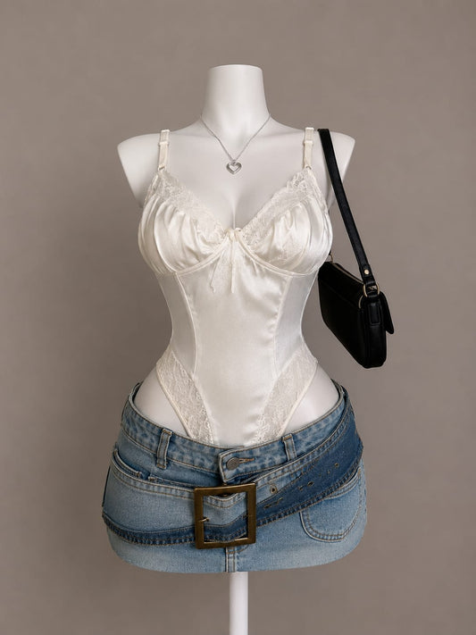 Cream Satin Corset Lace Trim Bow Detail Spaghetti Strap Bodysuit - Front View