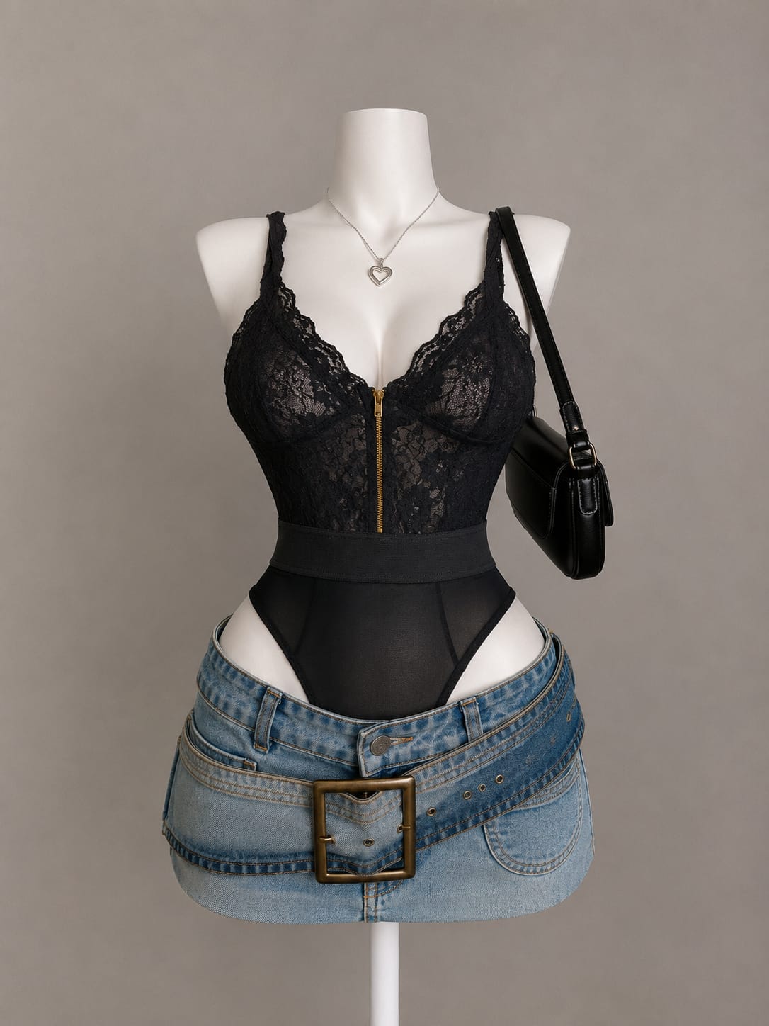 Black Floral Lace Gold Zip-Front V-Neck Spaghetti Strap Bodysuit - Front View