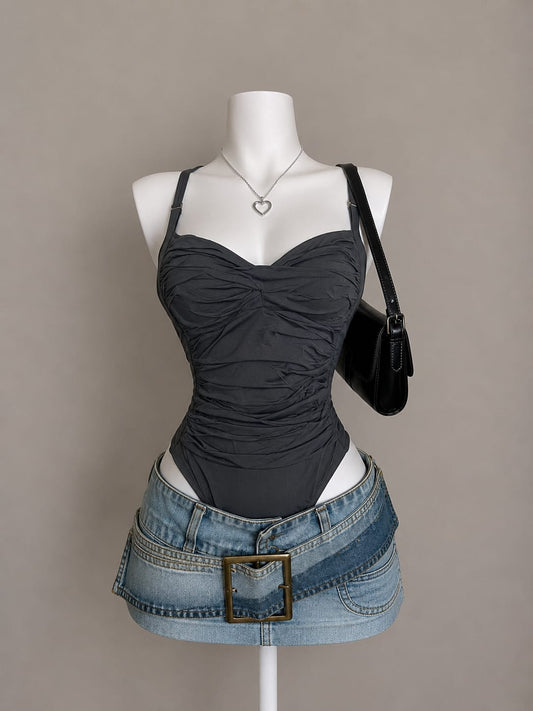 Charcoal Grey Ruched Sweetheart Neck Square Strap Sleeveless Bodysuit - Front View