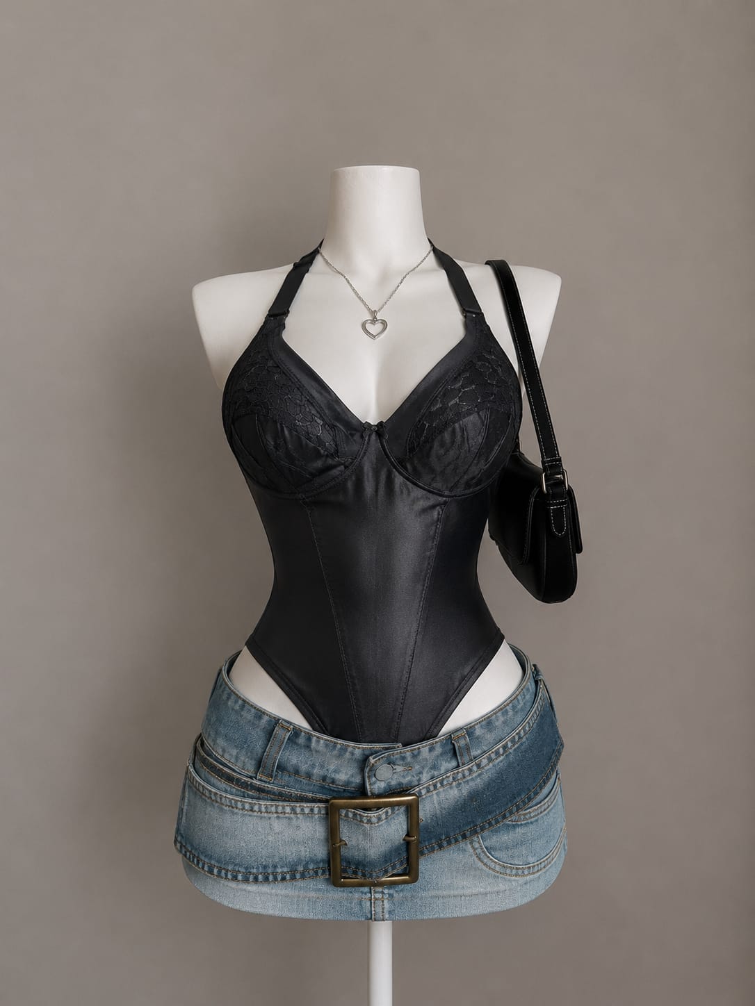 Black Satin Corset Halter Neck Lace Bust Bodysuit - Front View