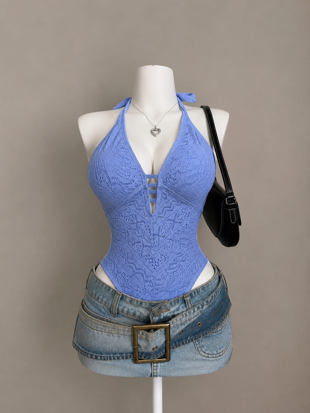 Periwinkle Blue Crochet Lace Halter Neck Lace-Up Front Bodysuit - Front View