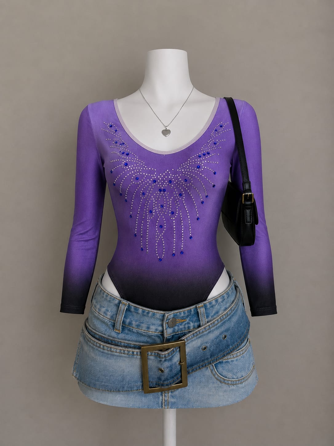 Purple Black Ombre Rhinestone Wing Long Sleeve Scoop Neck Bodysuit - Front View