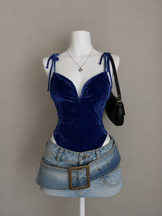 Navy Blue Velvet Sweetheart Neck Tie-Strap Bodysuit - Front View