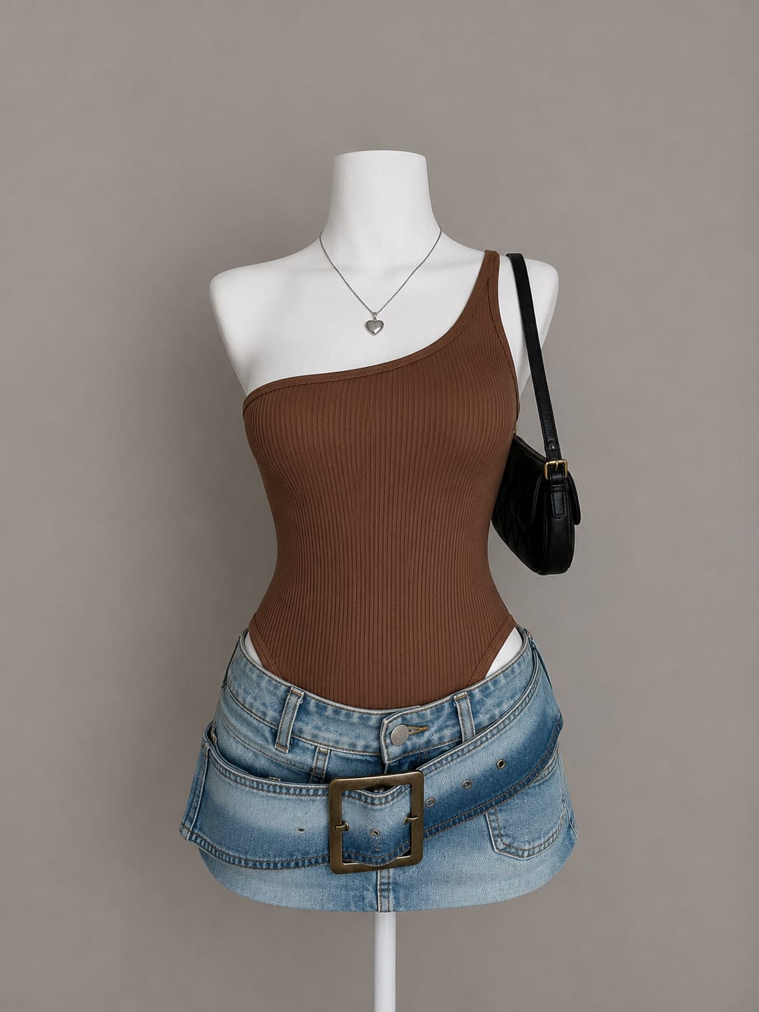 Brown Ribbed One-Shoulder Sleeveless Fitted Bodysuit - Front View