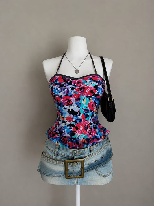 Multicolor Abstract Floral Halter Neck Peplum Bodysuit - Front View