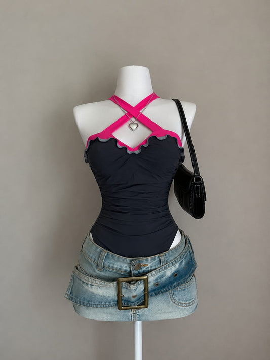 Black Ruched Strapless Bodysuit with Hot Pink Criss-Cross Halter Straps - Front View