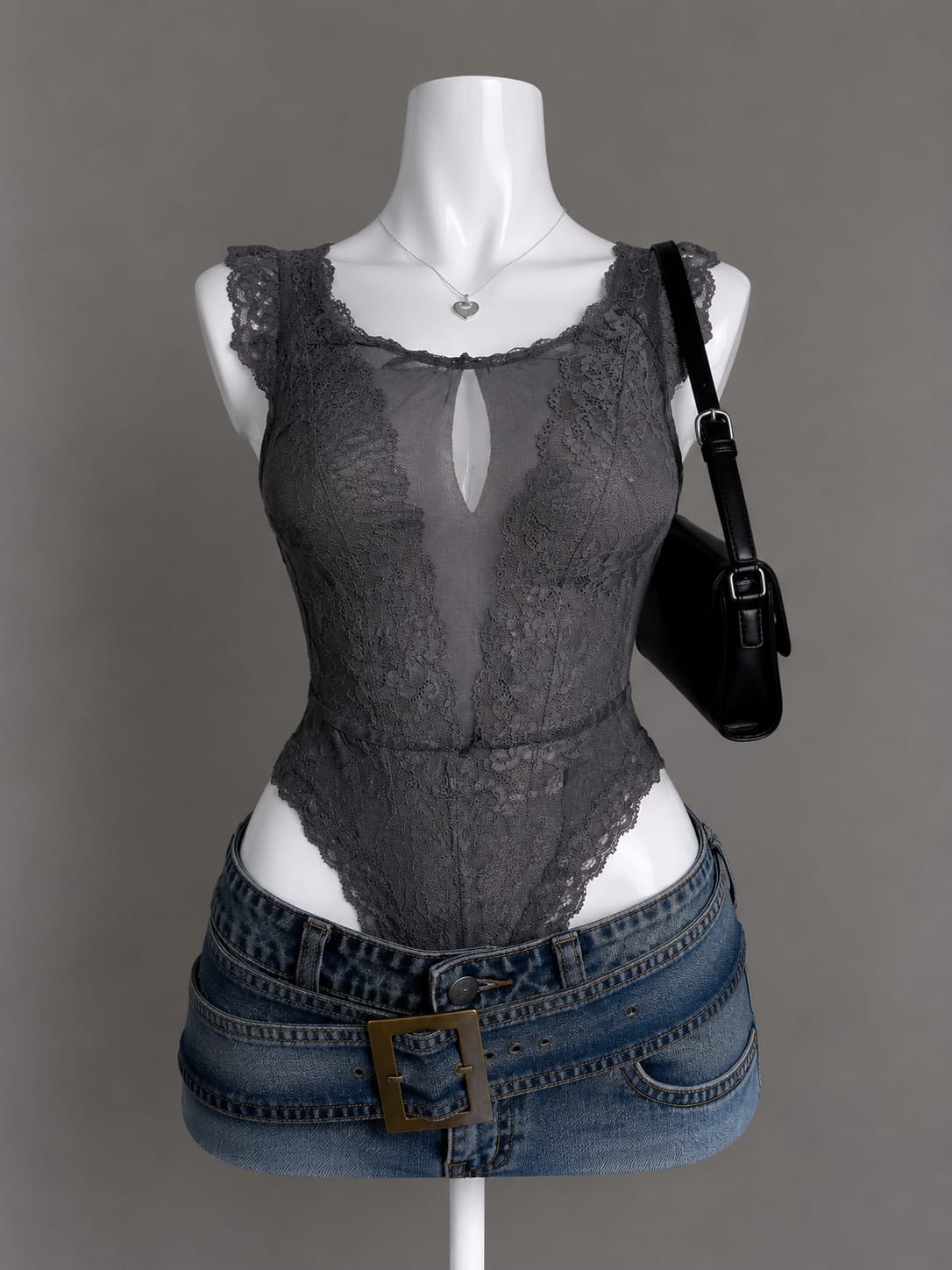 Charcoal Grey Floral Lace Keyhole Front Cap Sleeve Bodysuit - Front View