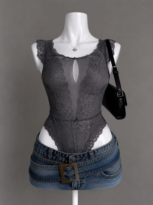 Charcoal Grey Floral Lace Keyhole Front Cap Sleeve Bodysuit - Front View